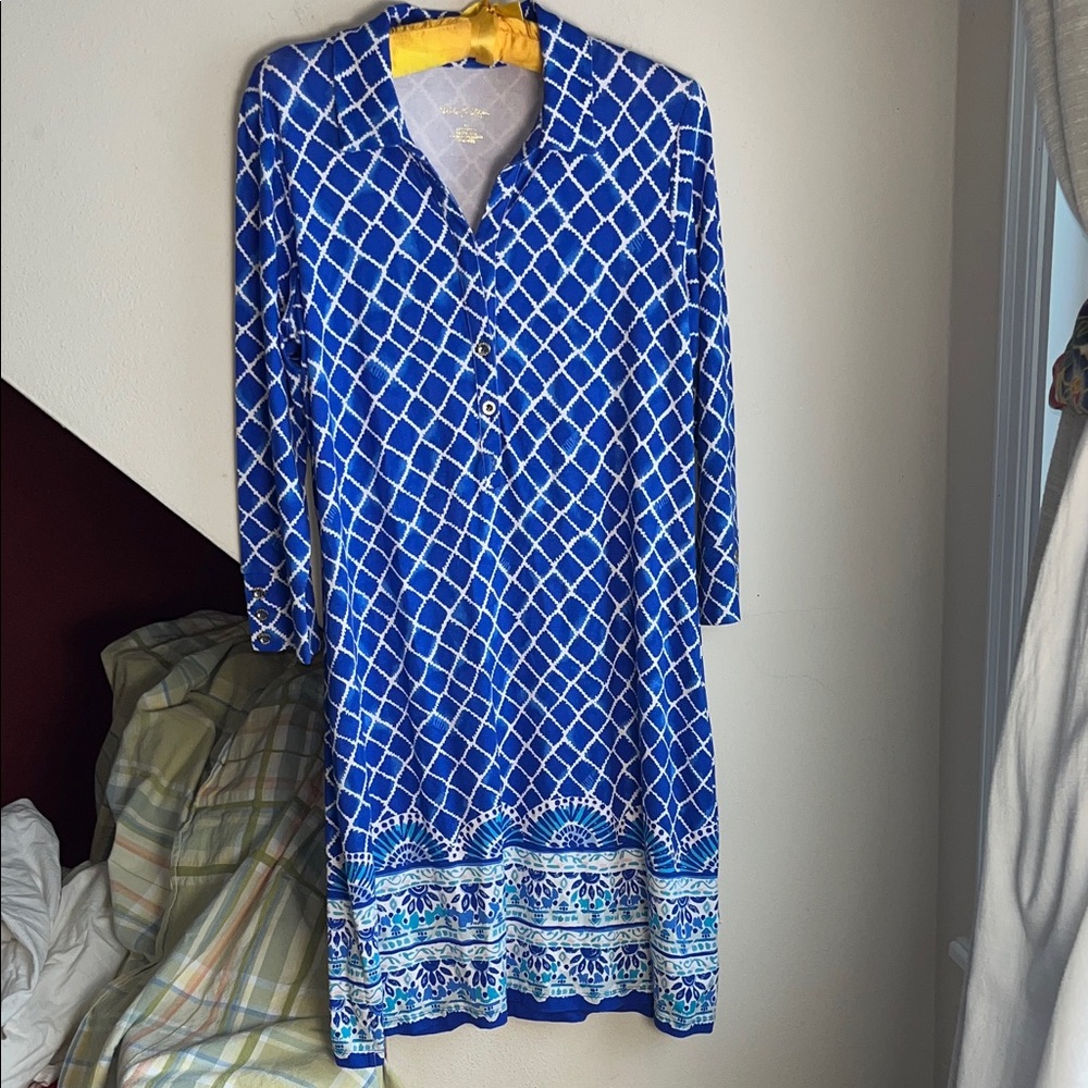 Lilly Pulitzer Blue and‎ White Diamond Trellis Resortwear Rayon Dress L